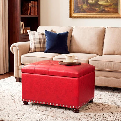 Joveco Leather Storage Ottoman, 24" Rectangle Square Bench Foot Rest Stool for Bedroom Living Room, Red
