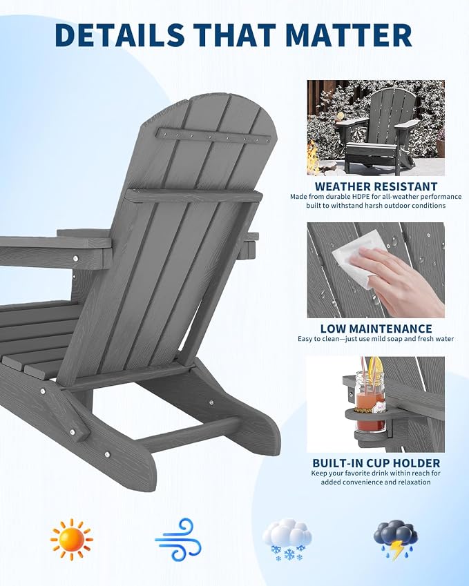 GarveeLife Folding Adirondack Chair Set of 2 with Side Table, All-Weather HDPE Outdoor Chair, Wooden Textured with Cup Holder for patios, Decks, Gardens, fire pits, Grey