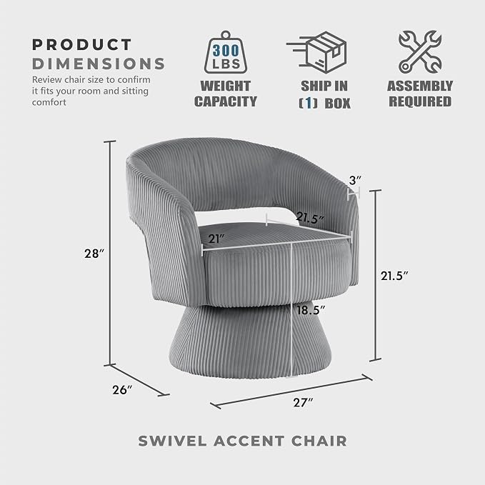 Lexicon 360 Degree Swivel Accent Chair, Modern Comfy Corduroy Round Barrel Chair, Open Back, Plush Foam Cushions, Metal Swivel Base for Living Room/Bedroom/Office/Small Spaces, Dark Gray