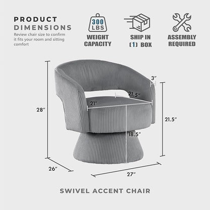 Lexicon 360 Degree Swivel Accent Chair, Modern Comfy Corduroy Round Barrel Chair, Open Back, Plush Foam Cushions, Metal Swivel Base for Living Room/Bedroom/Office/Small Spaces, Dark Gray