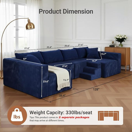 128" U-Shaped Boneless Couch, Modern Sectional Modular Couch with Double Chaise, Deep Seat Boneless Couches for Living Room Bedroom with Pet Stair, No Assembly Required, Blue