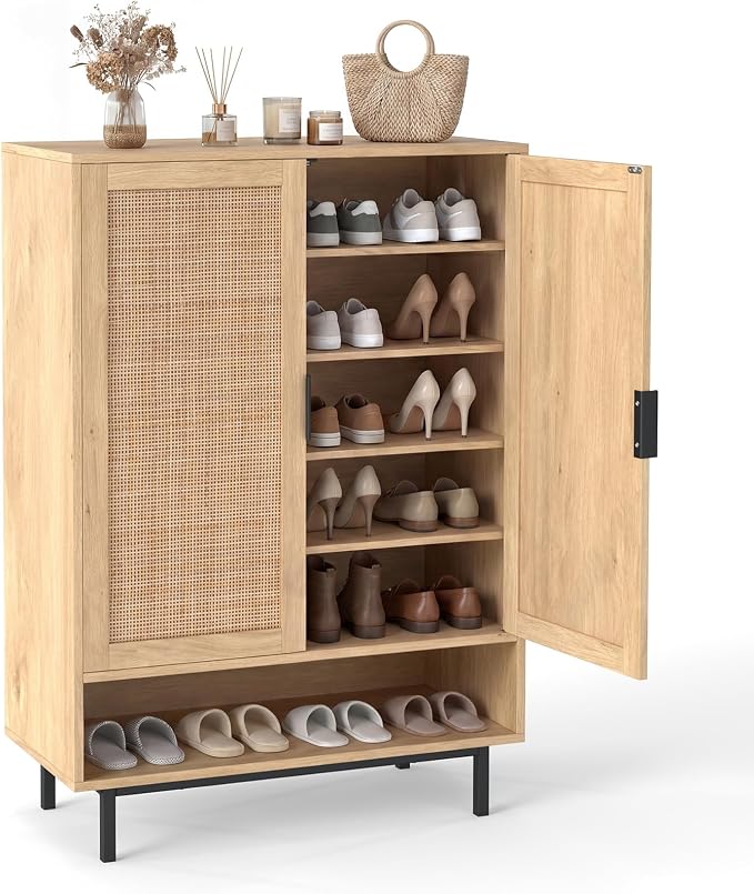 LOKO Shoe Storage Cabinet with 2 Doors, 6-Tier Rattan Shoe Organizer with Adjustable Shelves & Open Compartment, Freestanding Hidden Shoe Cabinet for Entryway, Closet & Living Room (Natural)
