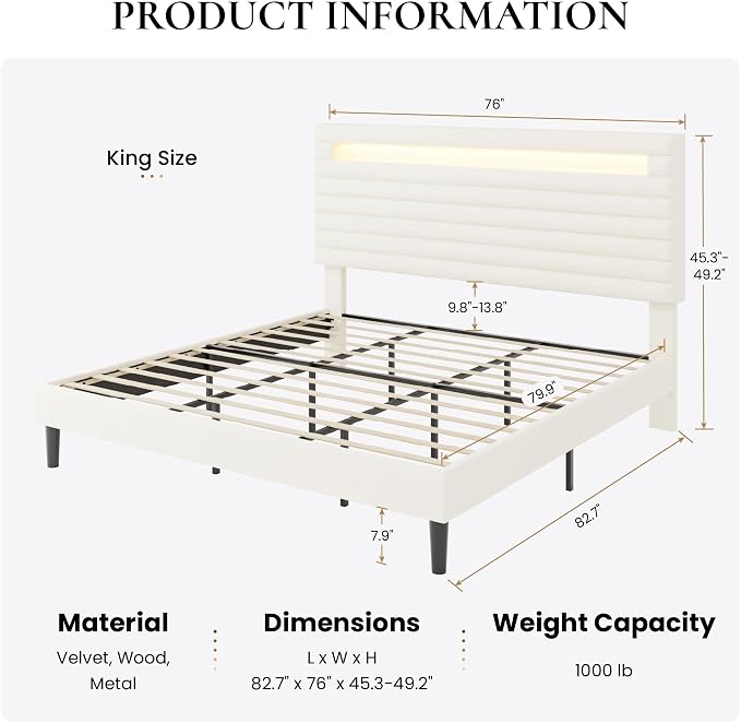 SHA CERLIN King Bed Frame with LED Light & 2-Tier Storage Shelf, Velvet Upholstered Adjustable Headboard with Charing Station, Horizontal Channel Tufted, No Box Spring Needed, Easy Assembly, Cream