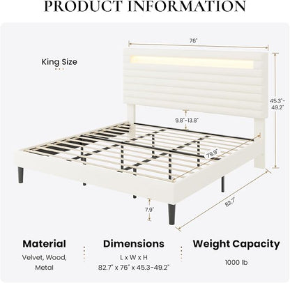 SHA CERLIN King Bed Frame with LED Light & 2-Tier Storage Shelf, Velvet Upholstered Adjustable Headboard with Charing Station, Horizontal Channel Tufted, No Box Spring Needed, Easy Assembly, Cream
