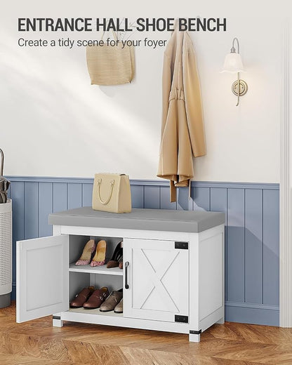Hzuaneri Shoe Storage Bench, 2 Tier Shoe Bench with Padded Seat Cushion & 2 Barn Doors, Entryway Bench with Adjustable Shelf, Farmhouse Shoe Cabinet for Living Room, Bedroom, White SB26203GY
