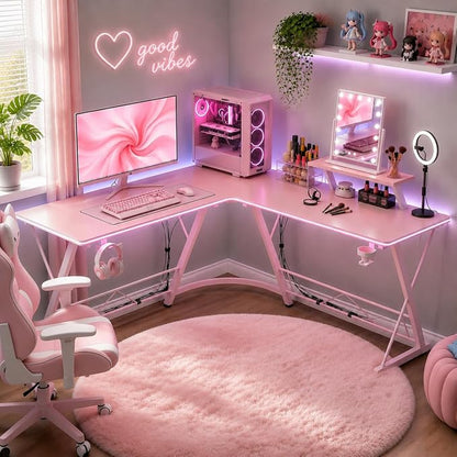 Mr IRONSTONE Gaming Desk with LED Lights, L Shaped Desk Corner with Cup Holder & Headphone Hook, Computer Desk Home Office Desks with Large Monitor Stand, Carbon Fiber Surface, Pink 51 Inch