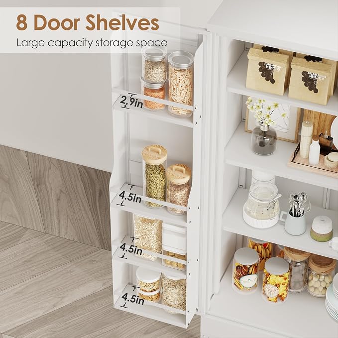 PAOFIN 47" Kitchen Pantry Cabinet, Metal Storage Cabinet with 3 Adjustable Layer Shelves, 8 Door Shelves, Buffet Sideboard for Living Room, Kitchen, White
