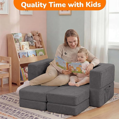 MeMoreCool Modular Kids Couch, Corduroy Play Toddler Couch for Bedroom Playroom Furniture, Convertible Foam Kids Sofa Bed, Fold Out Baby Sofa for Girl Boy, Dark Grey