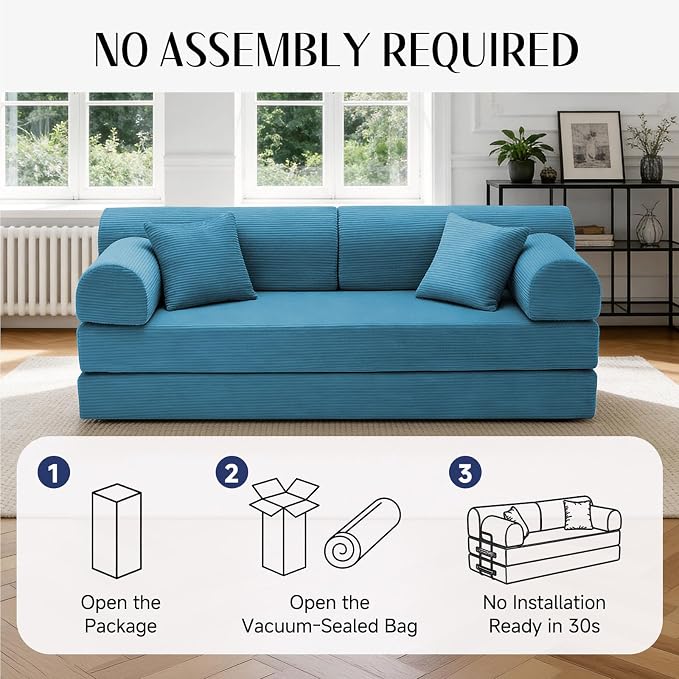 79'' Convertible Sofa Bed, 6 in 1 Folding Floor Futon Couch Sleeper with Fixed Frame, Corduroy Modular Sofa Bed with Removable Armrests & Pillows, No Assembly for Living Room Bedroom (Light Blue)