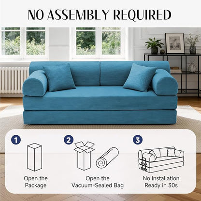 79'' Convertible Sofa Bed, 6 in 1 Folding Floor Futon Couch Sleeper with Fixed Frame, Corduroy Modular Sofa Bed with Removable Armrests & Pillows, No Assembly for Living Room Bedroom (Light Blue)
