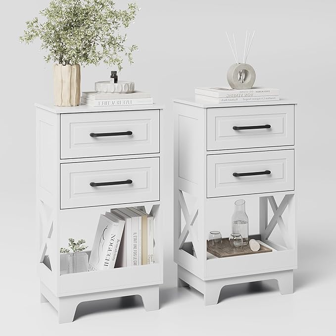Tall Nightstand Set of 2 Side Table with 2 Drawers Modern Night Stand Wooden End Table Bedside Table with Below Open Shelf Solid Feet for Bedroom White