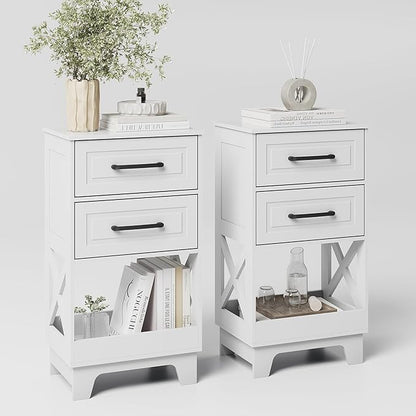 Tall Nightstand Set of 2 Side Table with 2 Drawers Modern Night Stand Wooden End Table Bedside Table with Below Open Shelf Solid Feet for Bedroom White