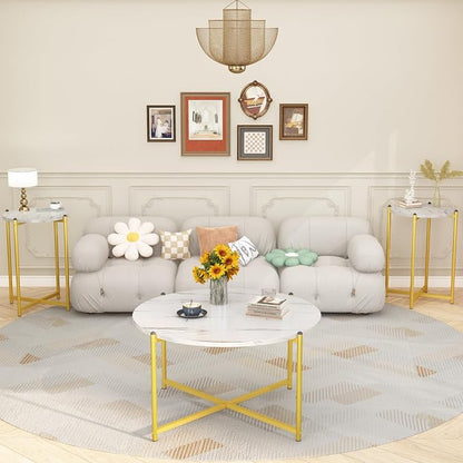 AWQM Faux Marble Coffee Table Set of 3, 1 Coffee Table & 2 Sofa Table, Round Tabletop and Metal Cross Base Frame,Perfect for Living Room Apartment, White