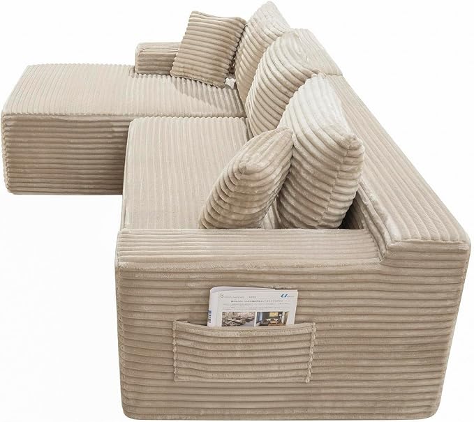105-Inch L-Shaped Left Facing Corner Compressed Sofa Modular Sectional Boneless Cloud Sofa Floor Foam Couch with Chaise Lounge, Corduroy Corner Boneless Cloud Couch