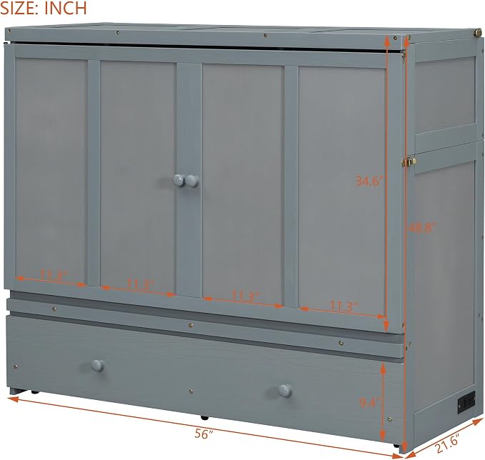 Merax Murphy Bed Cabinet Full Size with Storage Drawers, Chest Cube Bed for Guest Room, Built-in Sockets & USB Ports, for Home Office or Small Bedroom, Grey