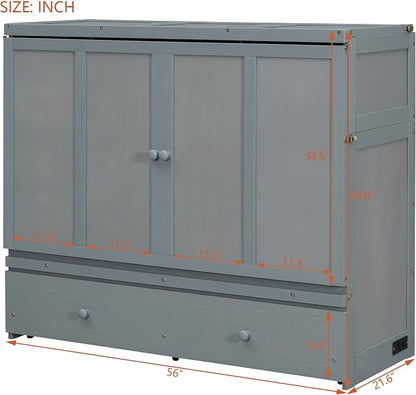 Merax Murphy Bed Cabinet Full Size with Storage Drawers, Chest Cube Bed for Guest Room, Built-in Sockets & USB Ports, for Home Office or Small Bedroom, Grey