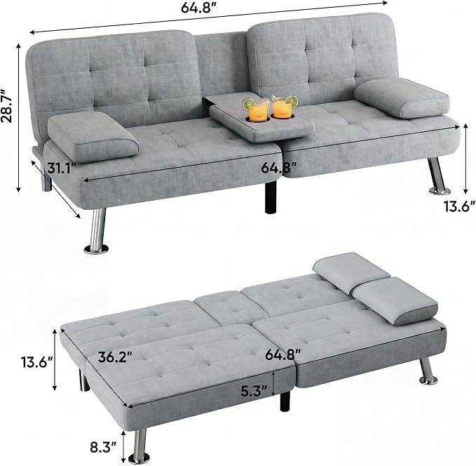 Flamaker Futon Sofa Bed Modern Folding Futon Set Linen Fabric Convertible Recliner Lounge for Living Room with 2 Cup Holders, Removable Armrests (Fabric, Light Grey)