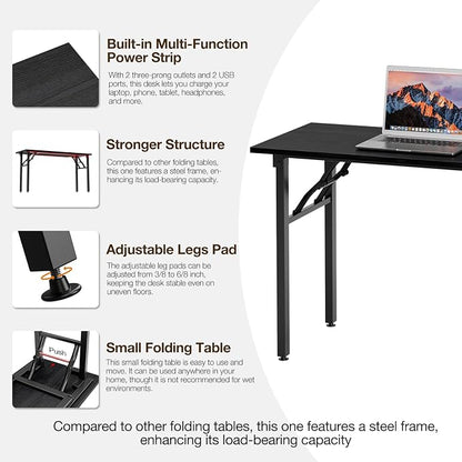 TEMI Long Computer Desk Folding Table - 55.1" Foldable Office Desk, No Assembly, Perfect Writing Table for Bedroom or Apartment, Portable Large Desk or Study Table with Compact Design, Dark Oak