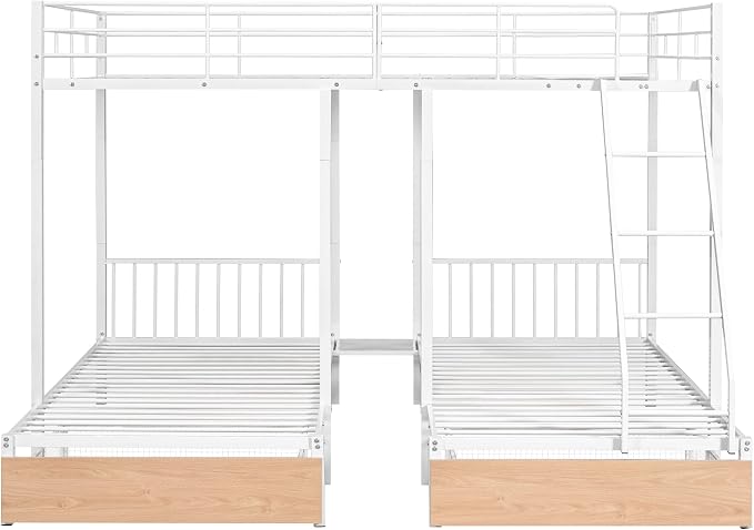 Full Over Twin & Twin Bunk Bed, Heavy Duty Metal Triple Bunk Bed with Drawers and Guardrails, Can be Divided into 3 Separate Beds, Triple Bunk Bed Frame for Kids Teens Aldults (White + Metal)
