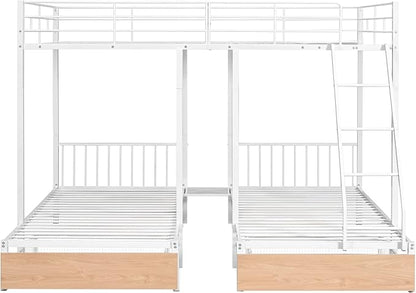 Full Over Twin & Twin Bunk Bed, Heavy Duty Metal Triple Bunk Bed with Drawers and Guardrails, Can be Divided into 3 Separate Beds, Triple Bunk Bed Frame for Kids Teens Aldults (White + Metal)
