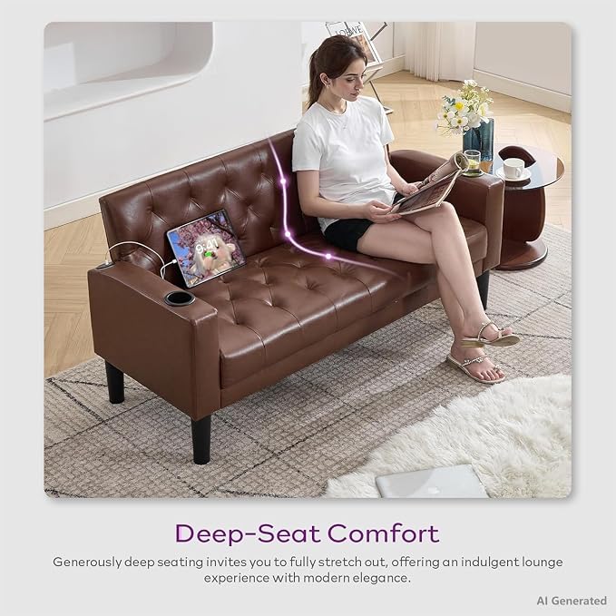 TYBOATLE 62" W Brown Leather Loveseat w/ 2 USB and 2 Cupholders, Mid-Century Modern Tufted Small Love Seat Couches for Office, Living Room, Bedroom, Dorm (1, Brown)
