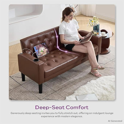 TYBOATLE 62" W Brown Leather Loveseat w/ 2 USB and 2 Cupholders, Mid-Century Modern Tufted Small Love Seat Couches for Office, Living Room, Bedroom, Dorm (1, Brown)