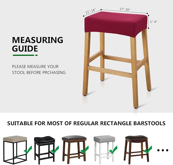 YISUN Stool Covers Rectangle - 4 Pack Stretch Waterproof Saddle Seat Cover Counter Bar Stools Bar Chairs Covers Kitchen Island Chairs Cushion Protector (4, Wine Red)