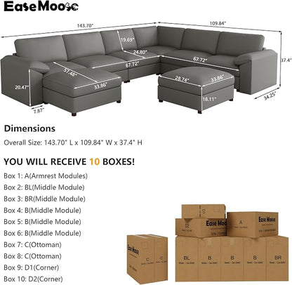 EASE MOOSE Faux Leather Sectional Couch, Oversized Modular Sofa, Modern Comfy Modular Couch, Scratch Resistant Material Sofas, U Shaped Couch for Big Spaces, Grey