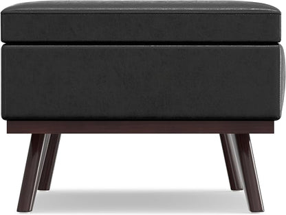 SIMPLIHOME Owen Lift Top Coffee Table Storage Ottoman - 42 inch Wide Upholstered Vegan Leather Rectangular Lift-Top Ottoman in Distressed Black, Mid-Century Modern Ottoman for Living Room