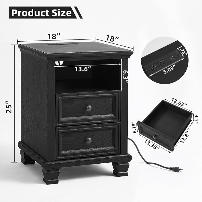 SAVOR LIFE Farmhouse Side Table with Charging Station, Rustic Black Nightstand with Drawers, Bedside Table with Open Shelf for Bedroom, Black