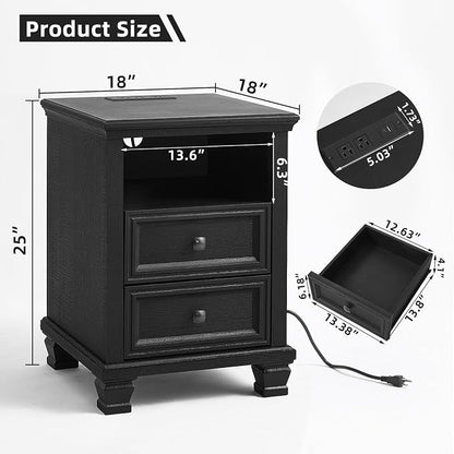 SAVOR LIFE Farmhouse Side Table with Charging Station, Rustic Black Nightstand with Drawers, Bedside Table with Open Shelf for Bedroom, Black