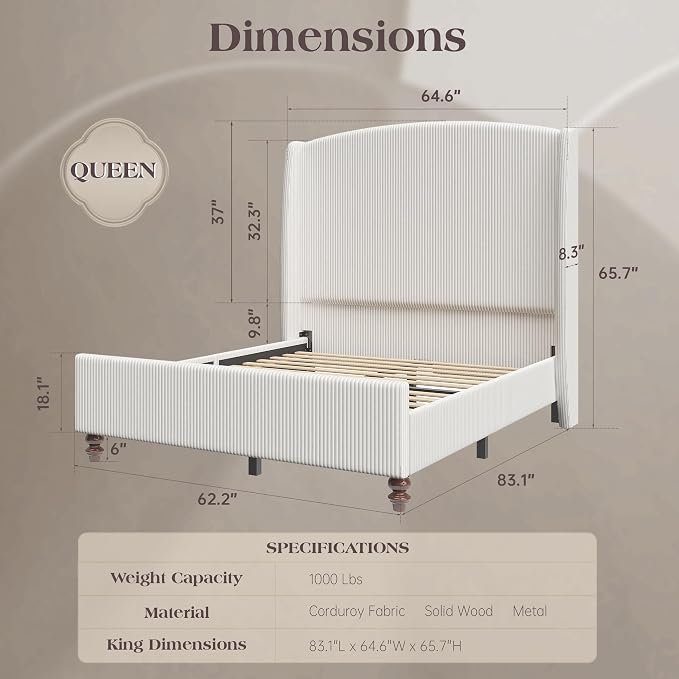 65.7" Tall Headboard Queen Size Upholstered Bed Frame with Wingback, Soft Washable Corduroy Beds Cover, Solid Wood Legs, Noise-Free, No Box Spring Needed, Cream