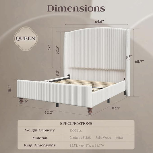 65.7" Tall Headboard Queen Size Upholstered Bed Frame with Wingback, Soft Washable Corduroy Beds Cover, Solid Wood Legs, Noise-Free, No Box Spring Needed, Cream