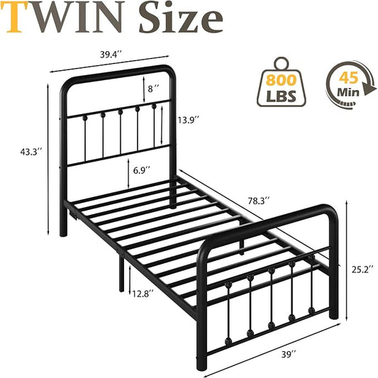 Fluest 14 Inch Twin Bed Frame Classic Metal Platform Bed Frame with Charging Station & LED, Victorian Style Iron-Art Headboard/Footboard, Under Bed Storage, No Box Spring Needed, Noise Free