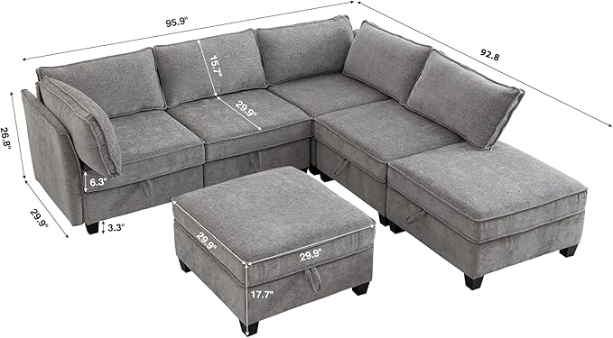 ORRD Corner Modular Sectional Sofa Set, Convertible L Shaped Couch with Storage, 6 Seater Sofa Modular with Ottomans and Reversible Chaise for Living Room, Office (Grey)
