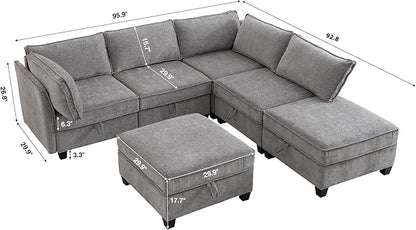 ORRD Corner Modular Sectional Sofa Set, Convertible L Shaped Couch with Storage, 6 Seater Sofa Modular with Ottomans and Reversible Chaise for Living Room, Office (Grey)