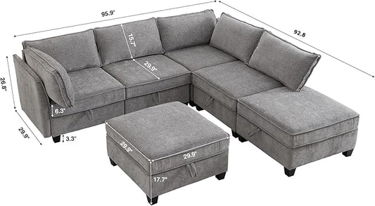 ORRD Corner Modular Sectional Sofa Set, Convertible L Shaped Couch with Storage, 6 Seater Sofa Modular with Ottomans and Reversible Chaise for Living Room, Office (Grey)