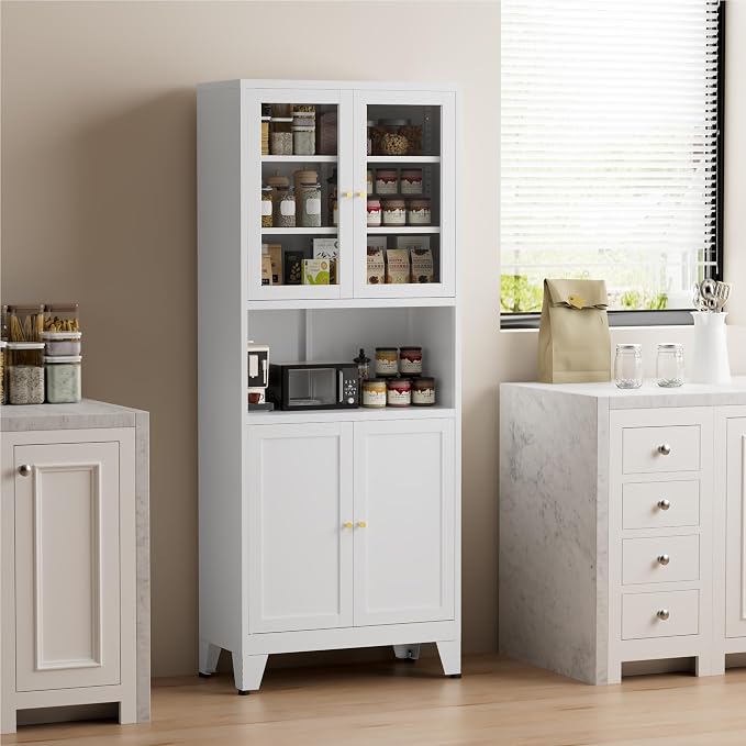 COFaR 69" Tall Modern Kitchen Pantry,Metal Storage Cabinet with Shelves ＆ Glass Doors for Display,Pantry Storage Cabinet,Freestanding Cupboard for Kitchen,Dining Room,Living Room,Bathroom,White