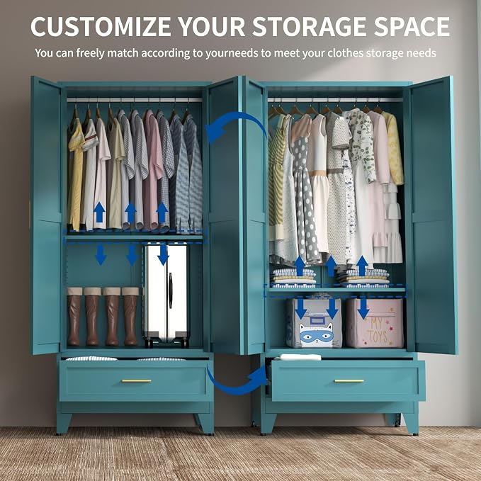 Steel Armoire Wardrobe Closet, 71" Metal Clothing Storage Cabinets with 2 Doors, 1 Drawer & 1 Adjustable Shelf, Blue Wardrobe Cabinet with Hanging Rod for Bedroom, Gym