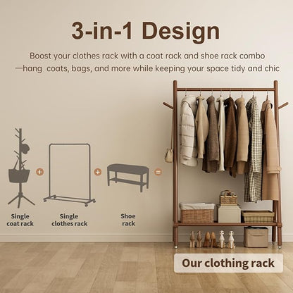 Muwuele Solid Wood Clothing Rack, Rolling Clothes Rack for Hanging Clothes, Garment Rack with Shelves Load 350 Lbs, Portable Closet Organizer on Wheels for Hanging Clothes (Walnut)