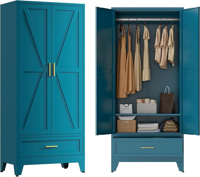 Blue Metal Wardrobe Closet for Bedroom, 71" Freestanding Armoire Wardrobe with Drawer and Shelf, Hanging Rod Clothing Storage Cabinet with Two Doors, Tall Farmhouse Clothes Cabinet Bedroom Armoires