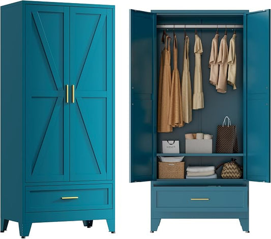 Blue Metal Wardrobe Closet for Bedroom, 71" Freestanding Armoire Wardrobe with Drawer and Shelf, Hanging Rod Clothing Storage Cabinet with Two Doors, Tall Farmhouse Clothes Cabinet Bedroom Armoires