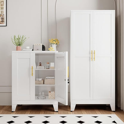 White Metal Storage Cabinet, 36" Tall Locking Storage Cabinet, 14”D | with 2 Adjustable Shelves, Steel Locker Organizer, Metal Freestanding Buffet Cupboards Sideboard for Office, Home, School,2PS