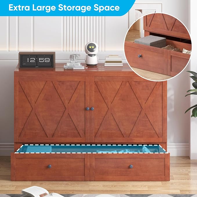 Mjkone Murphy Bed, Queen Hidden Cabinet Bed with Built-in USB Charging Station and 2 Storage Drawers, Murphy Wall Beds Cabinet Beds for Living Room, Guest Room, Apartment, Brown (No Mattress)