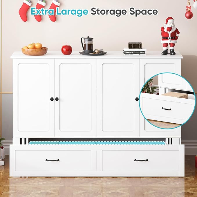 CECER Queen Murphy Bed with Mattress，Space Saving and Easy Assemble-White | Built-in Multi-Port Charging Station ＆ Large Storage Drawer，Sturdy frame ＆ Easy to Move Track