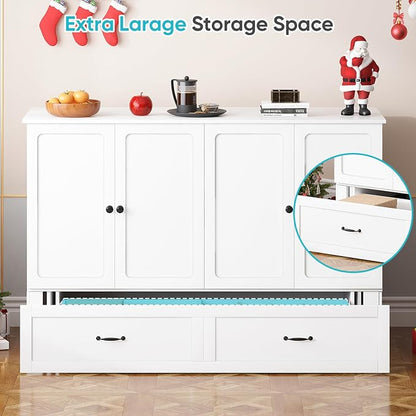 CECER Queen Murphy Bed with Mattress，Space Saving and Easy Assemble-White | Built-in Multi-Port Charging Station ＆ Large Storage Drawer，Sturdy frame ＆ Easy to Move Track