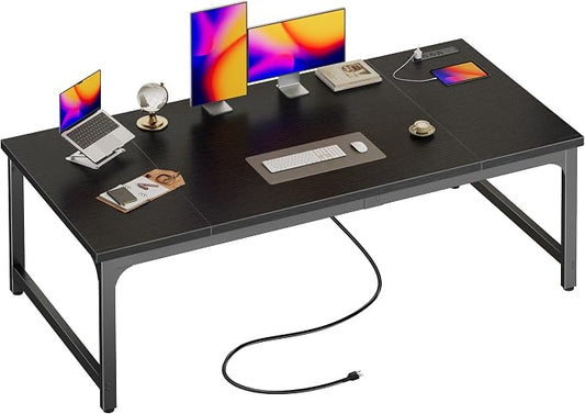 Huuger 63 x 31.5 inch Desk with Power Outlets & USB-C, 0.95 Inch Thicker Desktop, Robust Metal Tubes, Deep Computer Desk, Heavy Duty Office Work Desk, for Home Office, Black