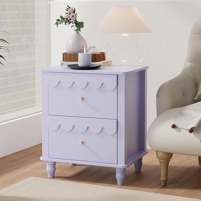 Anbuy Purple End Table Set of 2 with Petal Pattern, Modern Night Stand Set 2 with 3 Drawers for Bedroom, Side End Table Scalloped Bedside Night Tables with Solid Wood Legs