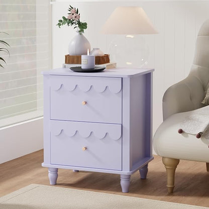 Anbuy Purple End Table Set of 2 with Petal Pattern, Modern Night Stand Set 2 with 3 Drawers for Bedroom, Side End Table Scalloped Bedside Night Tables with Solid Wood Legs