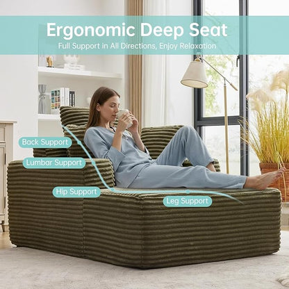 Boneless Chaise Lounge Chair, 54" Oversized Cloud Couch Sofa with Deep Seat, Plush Corduroy Reading Chair for Living Room, Bedroom, Reading Nook, Apartment, Gaming Room & Movie Nights, Green